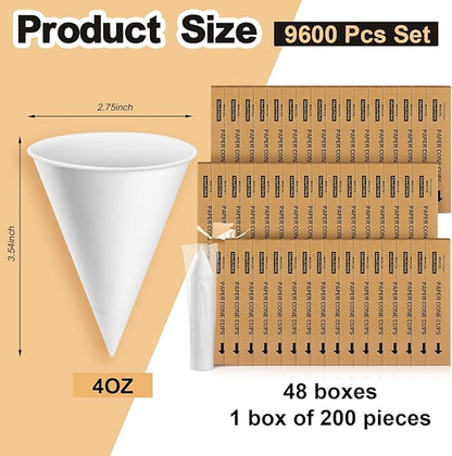 Roshtia 9600 Pcs 4 oz Paper Cone Cups Thicken Disposable Cone Cups for Shaved Ice, Slushies Water Cooler Dispenser, White