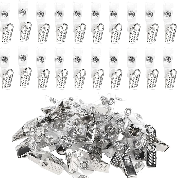 Happy Trees 50 Pcs Metal Badge Clips with Clear PVC Straps, ID Holder Clip for Badge Holders, Name Tags, ID Cards, Work Badges