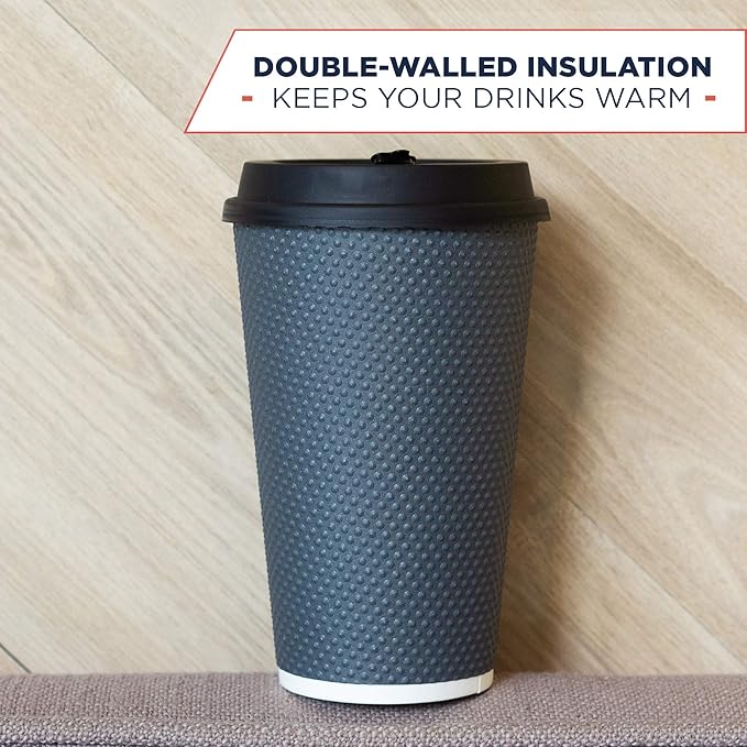 To Go Coffee Cups With Lids - 16 oz Disposable Coffee Cup With Lid (60 Set). Large Togo Travel Paper Hot Cups Insulated For Hot, Cold Beverage Drinks, No Sleeves Needed (Dusk Grey)