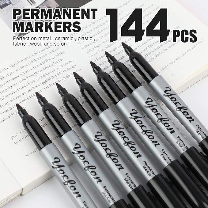 Permanent Markers Bulk, 144 Count Black Permanent Markers Set, Fine Tip, Waterproof Markers, Works On Plastic, Wood, Stone And Metal For Doodling, Marking
