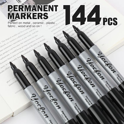 Permanent Markers Bulk, 144 Count Black Permanent Markers Set, Fine Tip, Waterproof Markers, Works On Plastic, Wood, Stone And Metal For Doodling, Marking