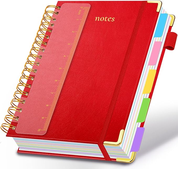 Hardcover Spiral Notebook 8.5"x11" Journal Notebook with Tabs and Removable Dividers 300 Pages 5 Subject Notebook College Ruled, Faux Leather Spiral Bound Notebook for Women School Work(Red)