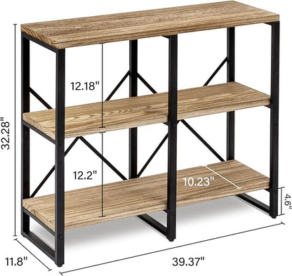 3 Tier Solid Real Wood Bookshelf Rustic Industrial Style 39.37" Width, Wooden Storage Shelves, Wooden and Metal Industrial Bookcase, Large Book Shelf Display Shelf for Home Office,Living Room