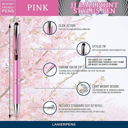Pink JJ Ballpoint Pen with Stylus - Black Ink Refill, Medium Tip Point
