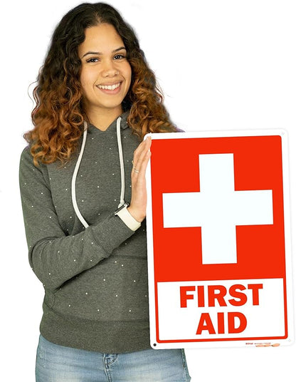 Brimar - 12 x 18" - First Aid Sign - .063″ White Rust-Free Aluminum - Clear Message - Large Size