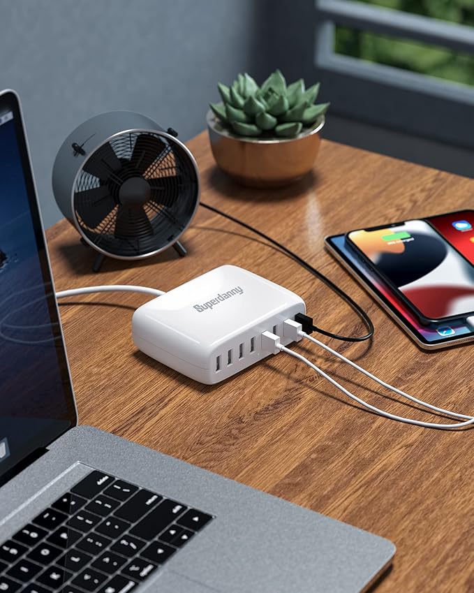 USB Charger Station, SUPERDANNY 8-Port Desktop Charging Station for Multiple Devices, Compatible with iPhone 11/X/Xs/Max/XR/SE/8/Plus, iPad Pro/Air/Mini, AirPods, Galaxy S10 Note, LG, and More, White