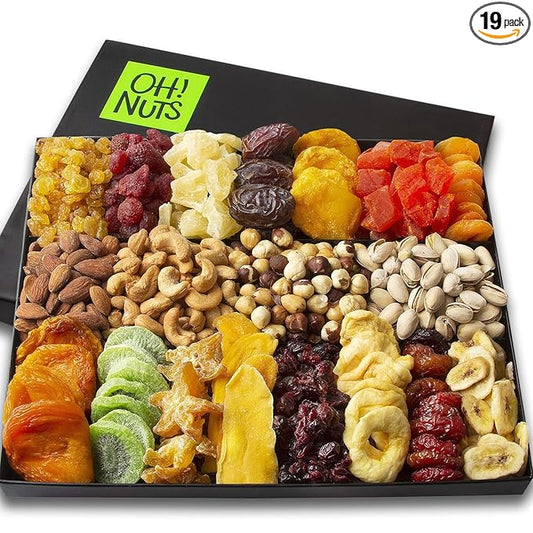 Oh! Nuts Dried Fruit and Nut Gift Basket - XL19 Variety Gourmet Assorted Fruits and Nuts Gift Baskets - Holiday Gift Box - Food Snack Box for Birthday, Corporate - Gift for Men, Women