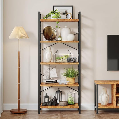 5 Tier Bookshelf, Industrial Tall Bookcase, Modern Display Shelves with Metal Frame and Sidebars for Bedroom, Living Room and Home Office, Rustic Brown