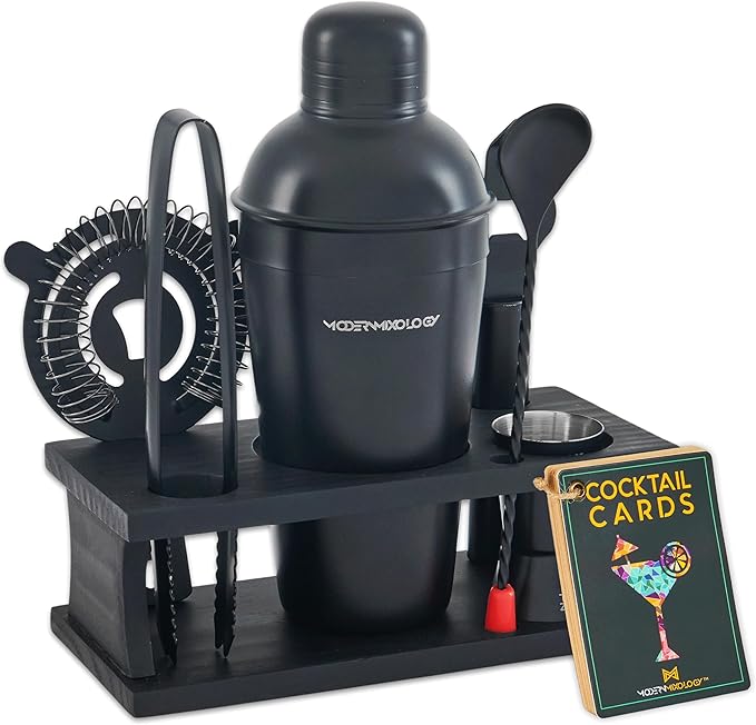 Modern Mixology Cocktail Shaker Set - 8 Piece Bartender Kit on Quality Pine Stand | Complete Cocktail Kit Gift Set | Top Bartender Gifts for Men | Leak Proof Design (Black)