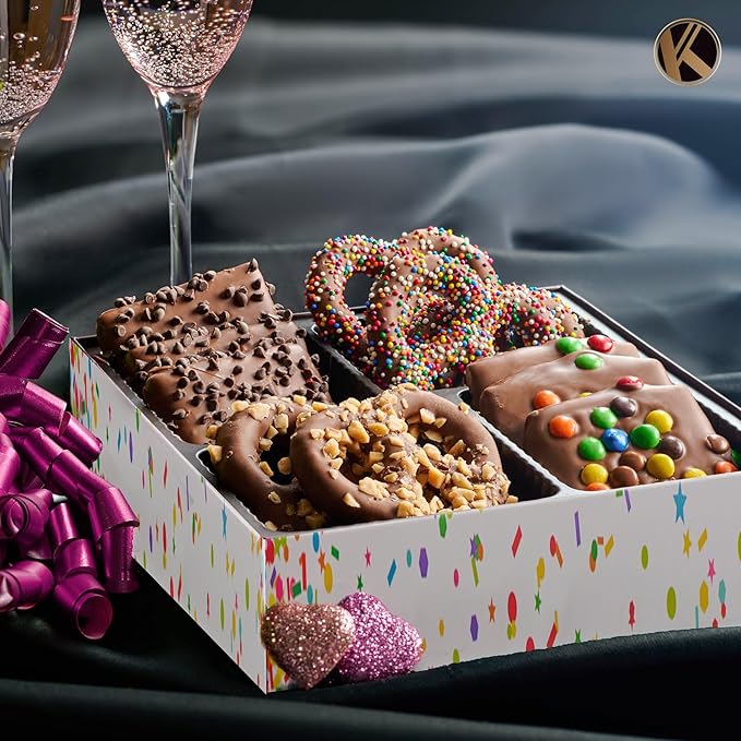 KREMERY Creamy Chocolate Cravings - Halloween Treats For Adults Chocolate Covered Pretzel Twists & Grahams Cookies Gift Basket, in Brown Gift Box (12 Count, Assorted Sweet Toppings) Holiday Christmas