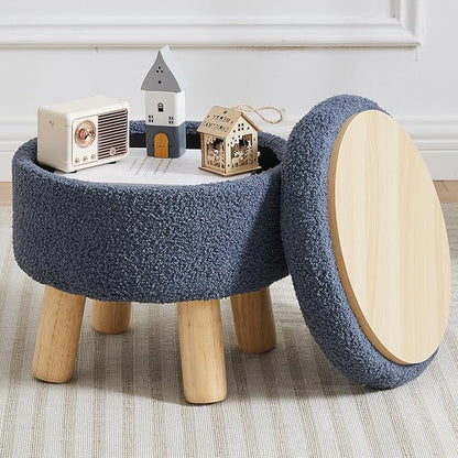 Small Foot Stool Ottoman with Storage, Sherpa Ottoman Foot Rest for Couch, Round Footstool with Storage, Small Ottomans and Footstools for Living Room and Entryway (Navy Blue)