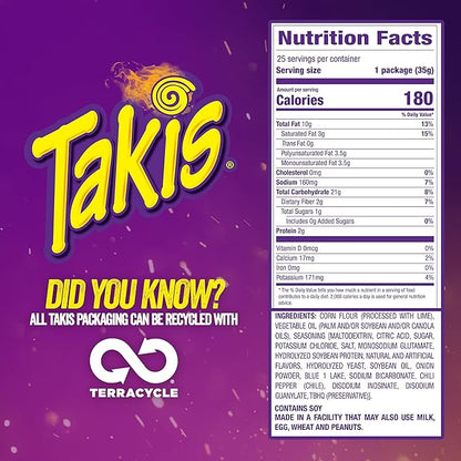 Takis Blue Heat Mini 25 pc / 1.23 oz Bite Size Multipack, Hot Chili Pepper Flavored Extreme Spicy Rolled Tortilla Chips