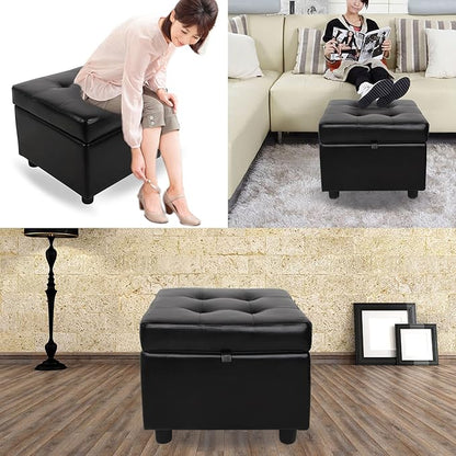 H&B Luxuries Tufted Leather Square Flip Top Storage Ottoman Cube Foot Rest (Black)