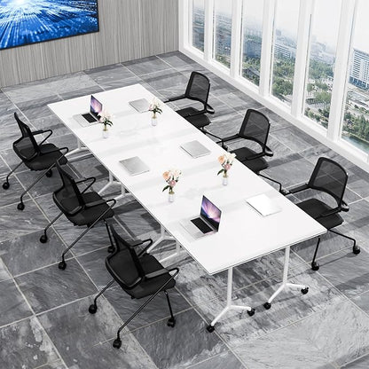 Conference Table, Foldable Conference Room Tables with Silent Wheels, Folding Modular Seminar Meeting Tables, Modern Rectangle Training Table for Office, Boardroom (4, White, 55.1)