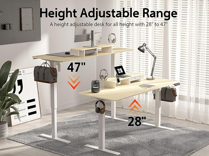 55x24 Inches Electric Standing Desk with Drawer and Monitor Stand, Height Adjustable Stand up Desk for Home Office, Ergonomic Sit to Stand Table with Phone Holder, 3 Hooks, Oak