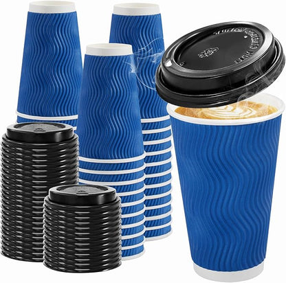 100 Pack Coffee Cups with Lids 16 oz, Disposable Insulated Ripple Wall To Go Paper Coffee Cups for Hot/Cold Drinks Office Home Shop Event (Navy)