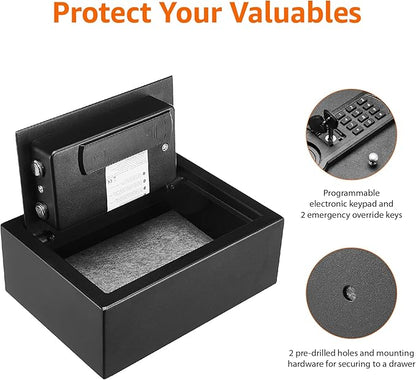 Amazon Basics Small Slim Desk Drawer Security Safe with Programmable Electronic Keypad, 0.1 Cubic Feet, Small Safe, Black, 11.8''W x 8.6''D x 4.4''H