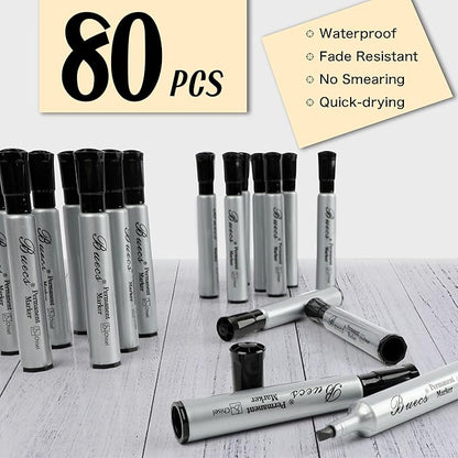 Permanent Markers, 80 Count Black Permanent Markers, Chisel tip, Waterproof &Fade Resistant, Quick Drying, Office Supplies for School, Office, Home