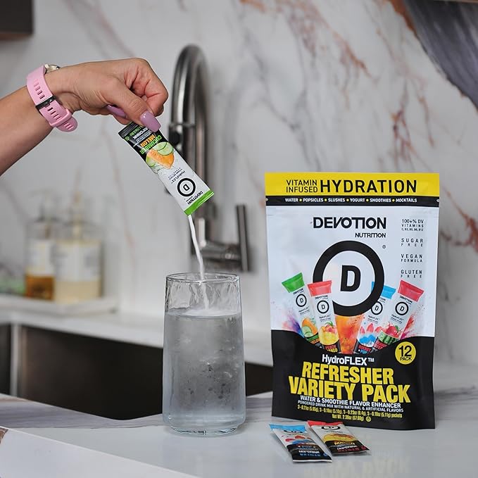Devotion Nutrition HydroFLEX Water Flavoring Packets – Sugar-Free Hydration with Vitamins & Electrolytes – Dye-Free, Gluten-Free (4-Flavor Refresher Variety Pack) 12-Pack Drink Mix