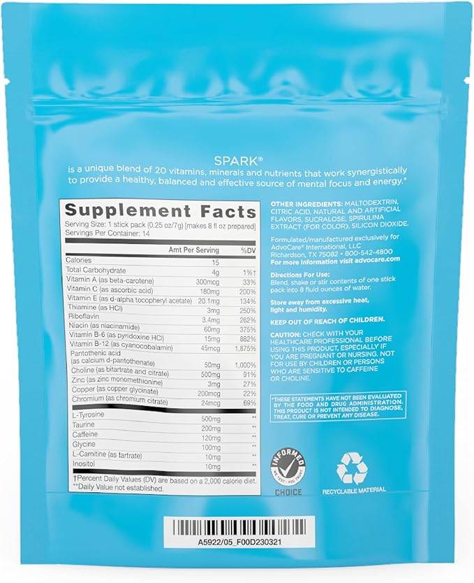 AdvoCare Spark - Energy Drink Mix - Vitamin & Amino Acid Supplement - Supports Energy & Focus - Portable Immune Support - Sugar-Free - Blue Raspberry, 14 Stick Packs (3.5 oz)