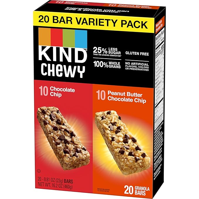 KIND Chewy Granola Bars, Variety Pack, Chocolate Chip and Peanut Butter Chocolate Chip, Gluten Free, 100 Calories, Whole Grains and Oats, 20 Count (Pack of 2)