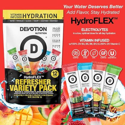 Devotion Nutrition HydroFLEX Water Flavoring Packets – Sugar-Free Hydration with Vitamins & Electrolytes – Dye-Free, Gluten-Free (4-Flavor Refresher Variety Pack) 12-Pack Drink Mix