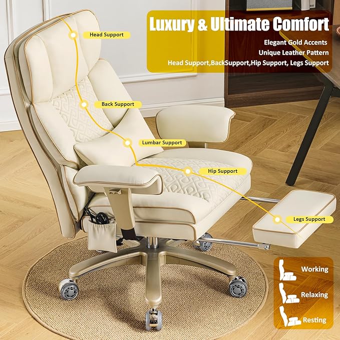 Ergonomic Executive Office Desk Chair with Adjustable Air Lumbar Support, Luxury Boss Chair with High-Back Leather Recliner, 3-Level Tilt Lock, 360° Swivel, Silent Wheels & Height Adjustment,Beige