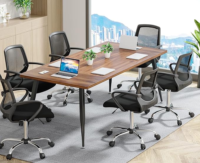 Tribesigns 6FT Conference Table, Rectangular Meeting Room Tables, Modern Industrial Seminar Table Boardroom Desk with Metal Legs for Office, 70.8’’ L x 31.5’’ W x 29.5’’ H (Brown and Black)