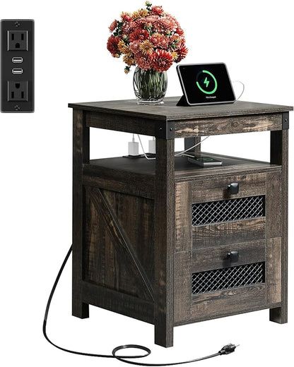 WLIVE Night Stand with Charger Station, End Tables Bedroom, Living Room, Bed Side Table with 2 Wooden Storage Drawers, Farmhouse Nightstand with USB Ports and Outlets, Dark Rustic Oak