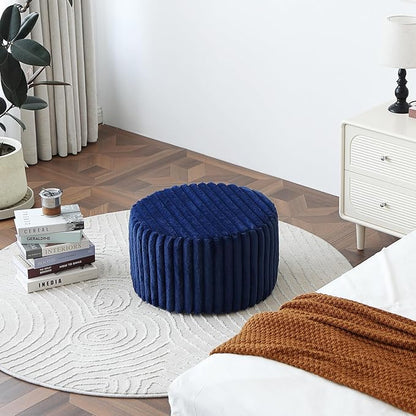 Tiita Round Stuffed Pouf Ottoman, Stripe Faux Fur Poufs with Foam Chunk Filling, Furry and Fluffy Pouf 21×21×12 inch Foot Stool Storage Ottoman,Puff Office Foot Rest for Couch Living Room, Navy Blue