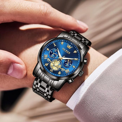 OLEVS Men Watches Stainless Steel Chronograph Watch, Large Wrist Analog Quartz Watch, Fashion Waterproof Diamond Roman Numerals Dress Watches for Men, Gold/Black/White/Blue/Grey Dial
