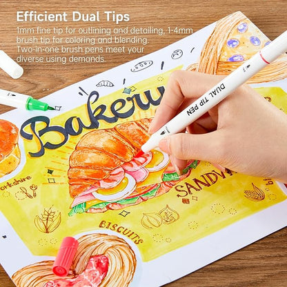 Shuttle Art Dual Tip Brush Marker Pens, 105 Colors Fine and Brush Tip Markers Set in Portable Case with 1 Coloring Book for Kids, Water-based Ink Adult Artist Coloring Calligraphy Journal Doodling