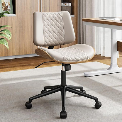Armless Office Chair, Mid Century Modern Desk Chair with Walnut Wood Back & SGS Level 3 Gas Lift, Swivel PU Leather Computer Chair for Small Space, Home Office, 300lbs Cap, Beige Set of 2
