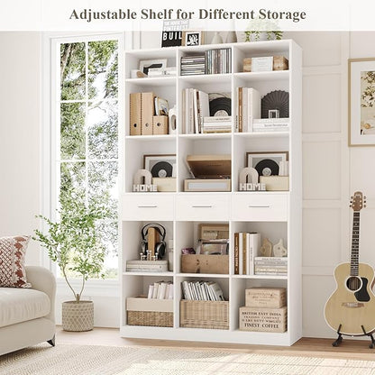 HOSTACK 75" Tall Book Shelf and Bookcase, 47" Wide Bookshelf with Drawers, Modern 9 Tier Bookcase with Storage, Large Wood Display Cabinet with Adjustable Shelves for Living Room, Home Office, White