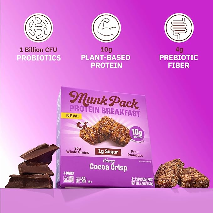 Munk Pack Probiotic Protein Bars Stocking Stuffers - Cocoa Crisp | 10g Plant Protein, 1g Sugar, 6g Fiber | Diabetic-Friendly Ideal Breakfast Bars - On-the-Go Snacks, Gluten-Free, Non-GMO | 12 Count