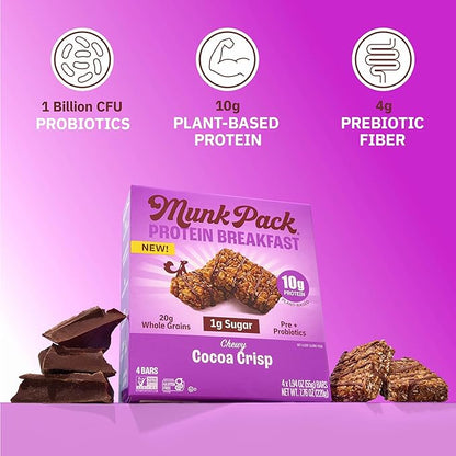 Munk Pack Probiotic Protein Bars Stocking Stuffers - Cocoa Crisp | 10g Plant Protein, 1g Sugar, 6g Fiber | Diabetic-Friendly Ideal Breakfast Bars - On-the-Go Snacks, Gluten-Free, Non-GMO | 12 Count