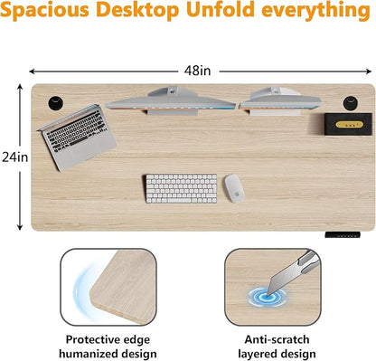 Himimi Electric Standing Desk 48 x 24 inch for Home Office,Sit-Stand Adjustable Desk with Memory Presets,Height Adjustable Desk for Gaming/Working,Free Hook, Lockable Wheels,Oak