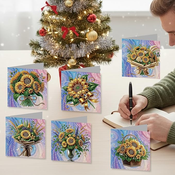 jinglinhh 12pcs Sunflower Basket Diamond Art Painting Greeting Cards with Envelopes, DIY Card Making Kits for Adults, Diamond Art Christmas Cards for Birthday Holiday Postcards Craft Gifts