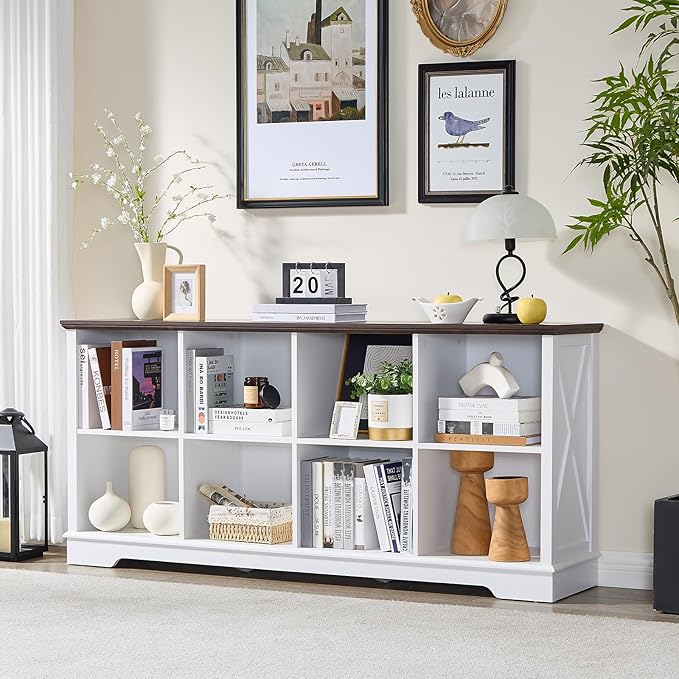 Book Shelf, 8 Cube Storage Organizer, 2-Tier Open Shelf Wooden Bookcase, Freestanding Wood Cube Storage Bookshelf for Bedroom, Living Room, Home Office (White)
