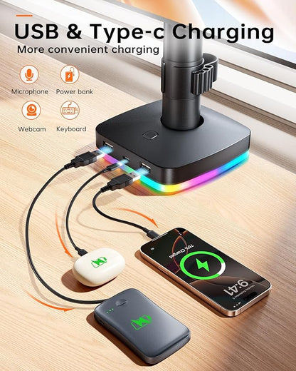 RGB Single Monitor Desk Mount, Monitor Arm with 3 USB Ports, Charging and USB Data Transfer Function, Desk Mount for 13"-27" Monitors up to 17.6lbs, Adjustable Height, Tilt, Swivel, Rotate