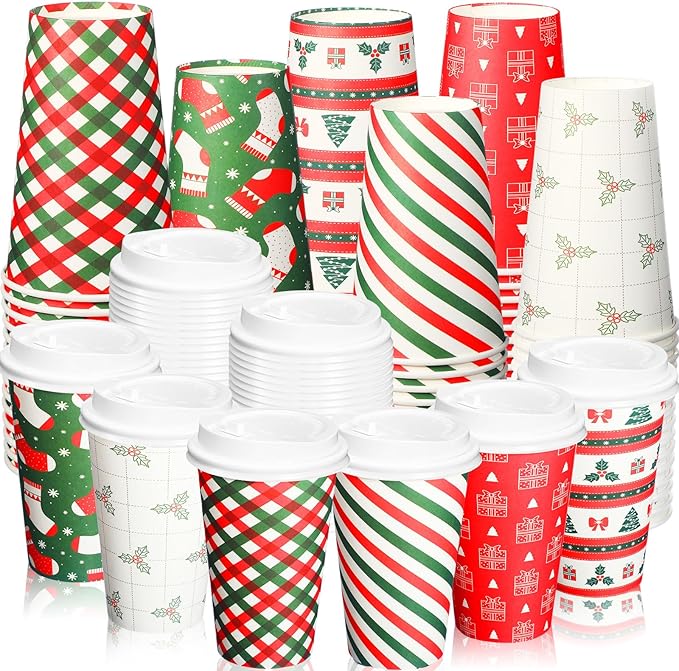 Yaomiao 90 Pack 16 oz Christmas Disposable Coffee Cups with Lids Bulk Christmas Paper Cups for Hot Cocoa Chocolate Tea Beverage Drinking, Xmas Holiday Winter Party Supplies