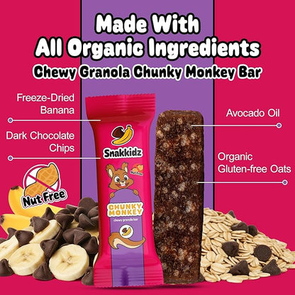 Snakkidz Organic Chewy Granola Bar, Allergen Free, Made with Avocado Oil, Low Sugar (15 Bars, Chunky Monkey)