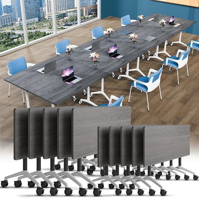 Conference Table, Foldable Conference Room Tables with Silent Wheels, Folding Modular Seminar Meeting Tables, Modern Rectangle Training Table for Office, Boardroom (10, Grey, 47.2)
