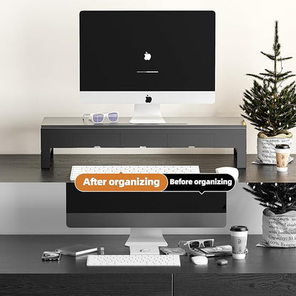 Computer monitor stand with 3 drawer ，Laptop Desk Shelf & Monitor Riser， 27.55 inches long desk riser ，Heavy Duty Gift Gaming Studio Offic (Basic Version, 700mm Drawer)