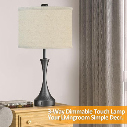 26" Black Touch Table Lamps for Living Room, Modern Farmhouse Touch Lamps for Night Stands Set of 2 with USB Ports, 3 Way Dimmable Bedside Lamps for Bedroom Side Table