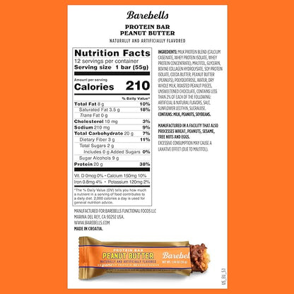 Barebells Protein Bars Peanut Butter - 12 Count, 20g High Protein Treats - Chocolate Nutrition Bar with 1g Total Sugars - On-The-Go Breakfast or Post-Workout Snack
