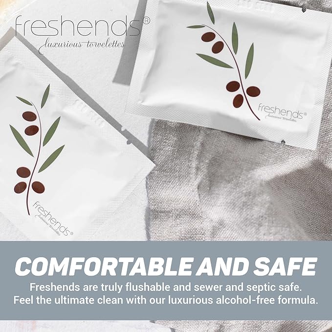 Freshends Flushable Individually Wrapped Wipes – 300 Bulk Pack Luxurious Towelettes, Guest Bathroom Essentials for Weddings, Restaurants, Bars & Clubs – Olive, Travel-Size, Disposable