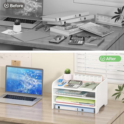 Desk File Organizer 4-Tier Desktop Paper Mail Organizer Document Holder for Home Office Supplies, Office Desk Accessories & Workspace (White)