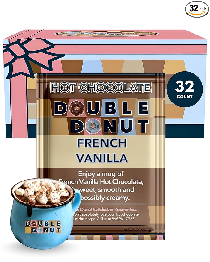Double Donut French Vanilla Hot Chocolate Mix Packets, Flavored French Vanilla Hot Cocoa Mix, 32 Count