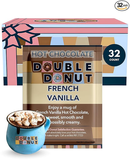 Double Donut French Vanilla Hot Chocolate Mix Packets, Flavored French Vanilla Hot Cocoa Mix, 32 Count